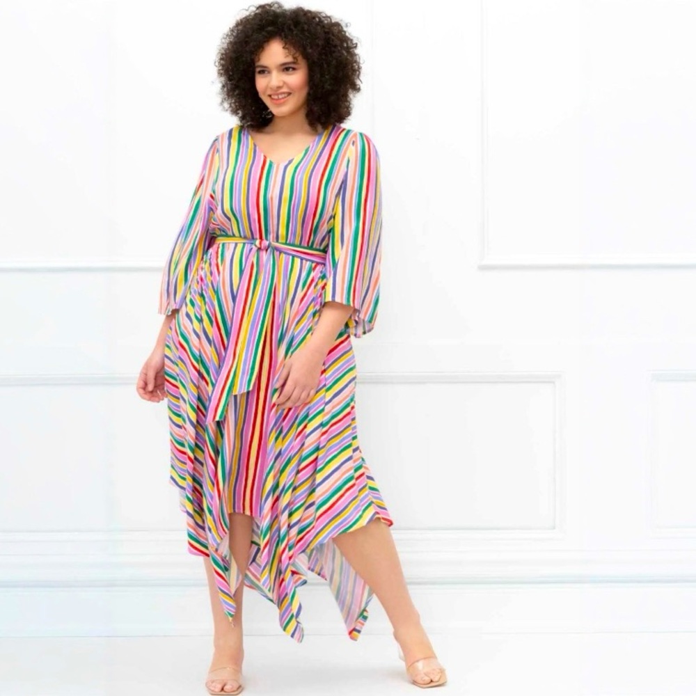Eloquii Elements Plus Size Dress Striped Kimono Shark Bite Hem Midi Dress Sz 14